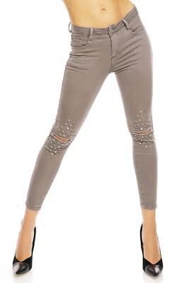 Damen Hose Jeans Denim Look Skinny Röhrenjeans Löchern Pailletten Grau 4D432 - Bild 1 von 4