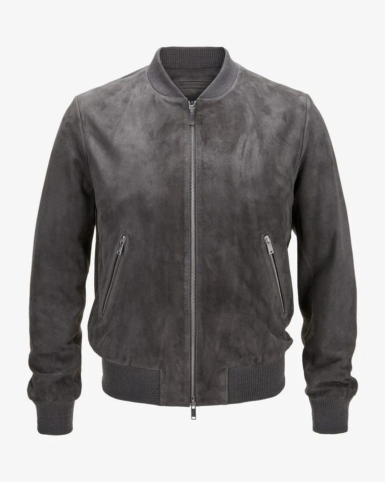Men's Gray Leather Jacket Pure Suede Bomber Biker Size S M L XL XXL Custom Made - Image 1 of 4