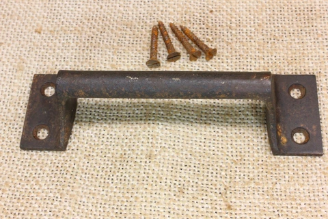 Old Screen Door Handle Drawer Pull brass On Rustic Iron Vintage 4 3/4" Sash Lift Cover