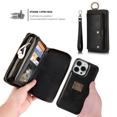 For iPhone 15 16 Pro Max 16Pro 16+ Magnetic Leather Zipper Wallet Flip back Case - Image 1 of 2