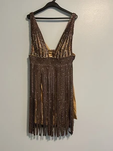 Vestido MANDALAY 14 Cóctel Sin Mangas Metálico Adornado Flecos Marrón Nuevo con Etiquetas De Colección - Imagen 1 de 14