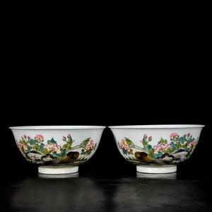 A Pair Chinese Enamel Colour Porcelain Hand Painted Flowers&Birds Bowls 7627 - Picture 1 of 9