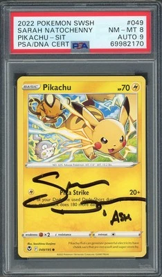 PSA 8 AUTO 9 Pikachu (Sarah Natochenny) Silver Tempest 49/195 Pokemon Card B7 - Image 1 of 2