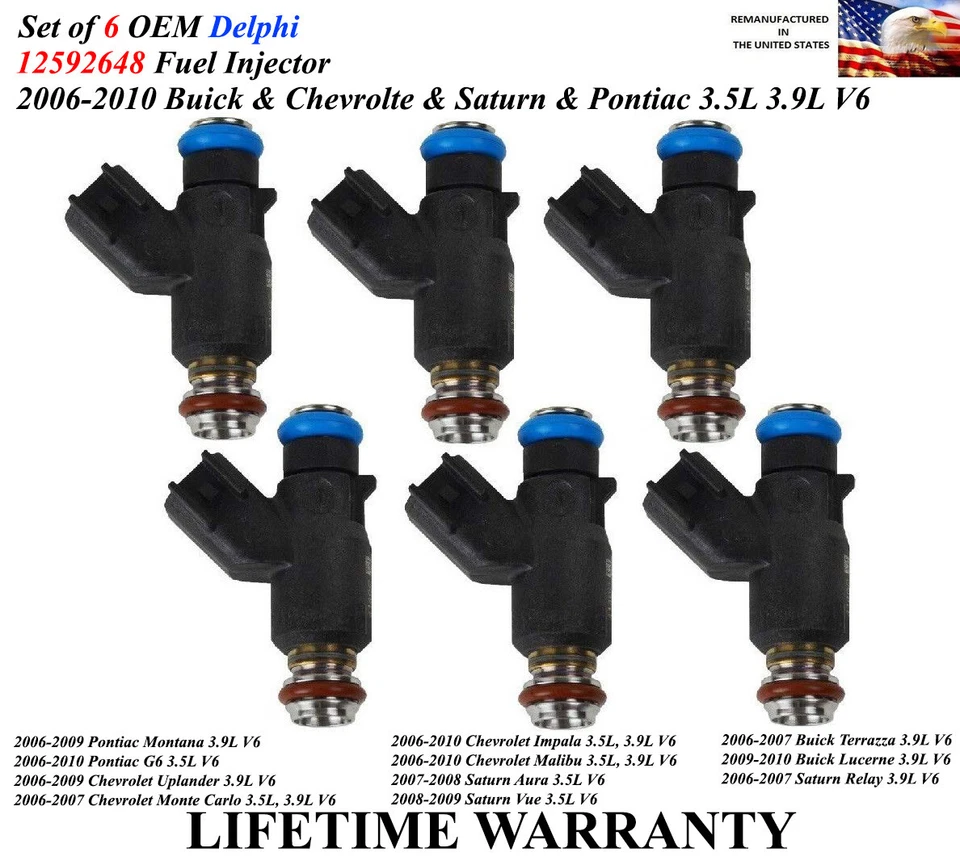 Set of 6 Genuine Delphi Fuel Injectors For 2006-2009 Chevrolet Uplander 3.9L V6 - Image 1 of 1