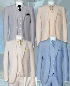 Executive/Moden Fit Striped Seersucker Suit 2-Button Single Breasted w/Vest&pant - Picture 1 of 5