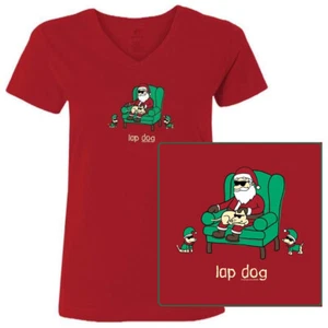 Teddy der Hund T-Shirt Schoß Hund Damen V-Ausschnitt Tee Weihnachten Urlaub Santa Elfen Welpen - Bild 1 von 5