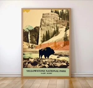 Vintage Yellowstone National Park Travel Poster Bison Wall Art - Picture 1 of 4
