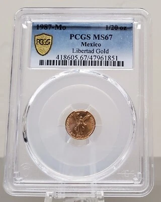 1987 1/20th Gold Onza Libertad Gem BU RARE COIN MEXICO PCGS MS67 Azteca  - Image 1 of 4