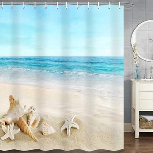 Beach Shower Curtain Blue Shower Curtains for Bathroom Tropical Ocean Waves S... - Picture 1 of 8