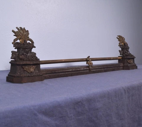 *Antique French Neoclassical Iron and Bronze Chenet Andirons Fireplace w/Wheat Cover