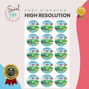 15X TRANSPORT GEBURTSTAG 2 ZOLL PERSONALISIERTE RUNDE ESSBARE CUPCAKE-TOPPER - Bild 1 von 1