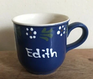 Handmade Pottery 10 Ounce Coffee Mug Cup Handpainted Name Edith Blue White MINT - Picture 1 of 3