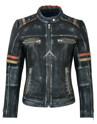 SMART RANGE Ladies Leather Jacket Navy Vintage 100% Lambskin Casual Fashion Biker Style 2640