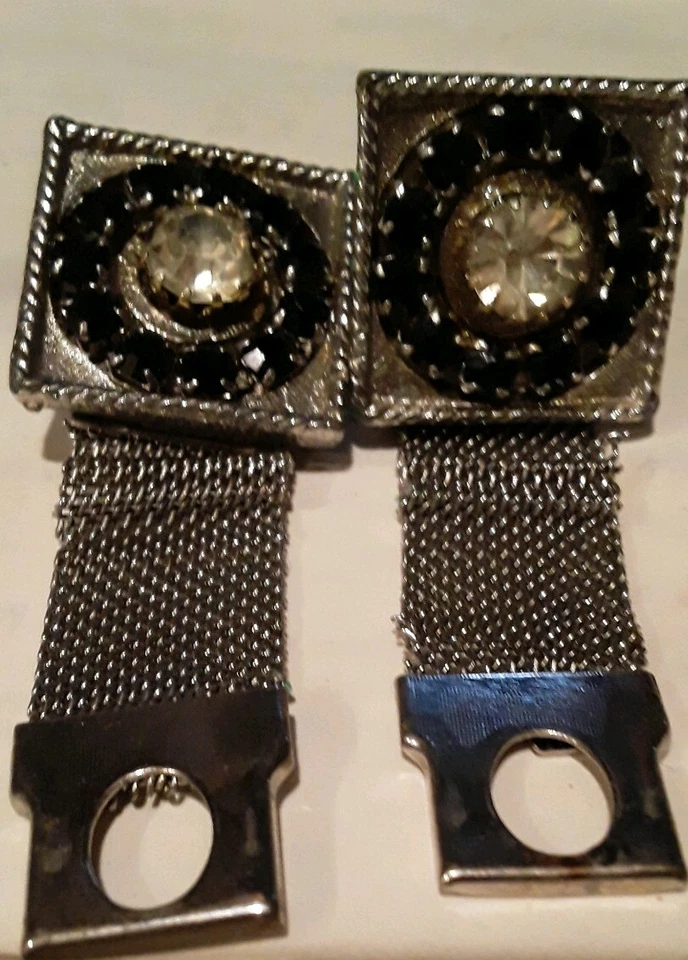 Vintage '60 Mens Black Stones Faux Diamond on Silver Base Wraparound Cufflinks - Image 1 of 4