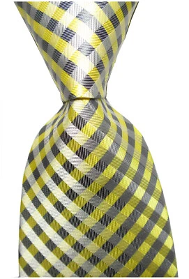 Nueva Corbata Clásica Cuadros Amarillo Gris JACQUARD TEJIDA 100% Seda Para Hombre Foto 1 de 2