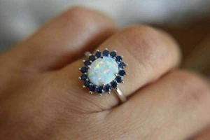 2.50Ct Oval Cut Opal & Diamond Halo Engagement Ring Solid 14K White Gold Finish - Picture 1 of 5