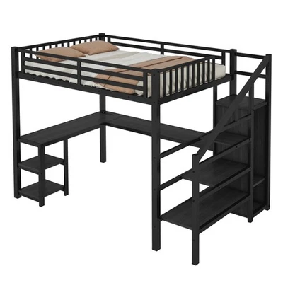 Cama Loft Completa de Metal con Armario, Luz LED, con Escritorio en Forma de L para Niños, Negra Foto 1 de 4