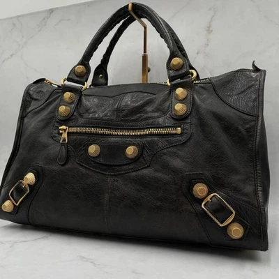 BALENCIAGA Giant City Black Leather Handbag Tote Hand Bag metal studs USED - Image 1 of 4