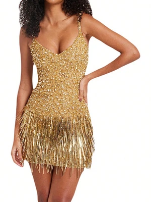 Womens Gold  Sleeveless Off Shoulder Sequined Tassels Casual Party Dress UK 8 - Image 1 of 4