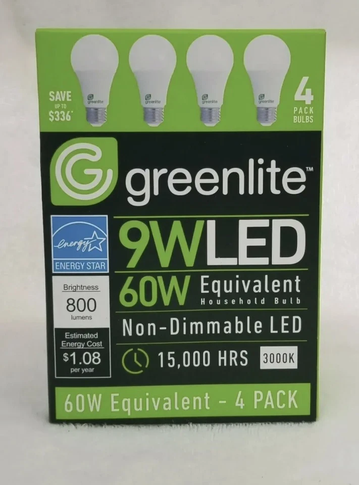 Greenlite LED 4 Pack 9W 60W  Equivalent  3000K A19 Light Bulbs  - Image 1 of 1