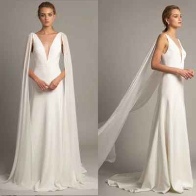 Satin Brautkleider mit Kap V Ausschnitt Mermaid Elegante Einfache Brautkleider - Bild 1 von 4