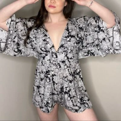 Motel Plunging Neckline Angel Sleeve Romper - Image 1 of 4