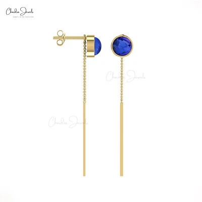 Threader Chain Earrings With 4mm Tanzanite Cabochon Bezel Set in 14k Solid Gold - Image 1 of 4