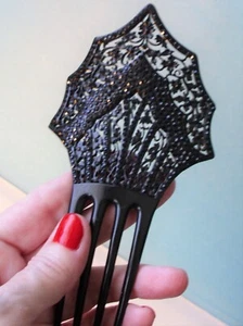 ❤❤ ANTIQUE or Vtg Lot 2 CELLULOID Decorative HAIR COMBS 1 has BLACK RHINESTONES - Picture 1 of 5