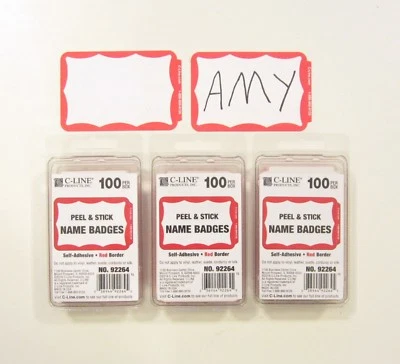 300 RED BORDER BADGES NAME TAGS LABELS ID STICKERS PEEL AND STICK ADHESIVE - Image 1 of 4