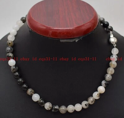 Collar Joyería Cuentas Gemas Redondas Rutiladas Cuarzo Negro Natural 6/8/10mm 18" Foto 1 de 4