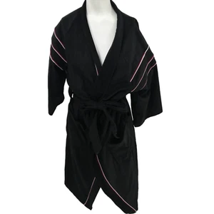 Vintage Royal Plush 70s Mens Robe Black One Size OSFA Wrap Lounge Pockets Stripe - Picture 1 of 14