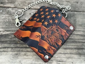 Custom Skull Bullets And Flag Themed Hand Tooled/ Handmade leather Biker Wallet - Picture 1 of 3
