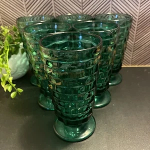 Vintage Teal Whitehall Colony Indiana Glass Footed MCM Iced Tea Set Of 6 RARE - Picture 1 of 6