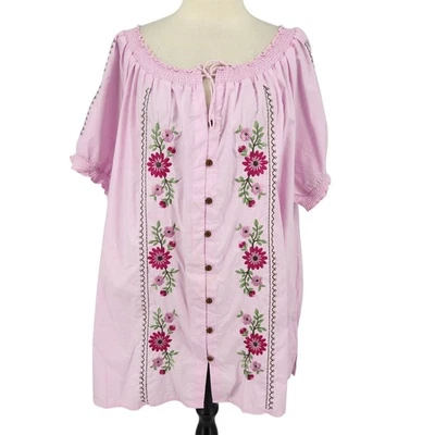 OFERTA Top Rosa Mezcla Algodón Floral Bordado Manga Corta con Escote Calado Foto 1 de 4
