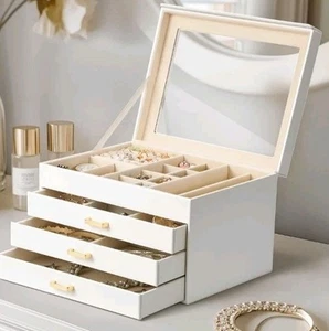 4 Schichten Schmuckkästchen mit Deckel Klassischer Schmuck Organizer 3 Schubladen Teiler Weiß - Bild 1 von 7