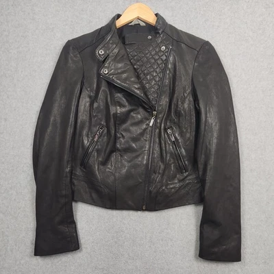 Chaqueta de Cuero Cole Haan Para Mujer Pequeña Negra Motociclista Corredor Acolchada Foto 1 de 4