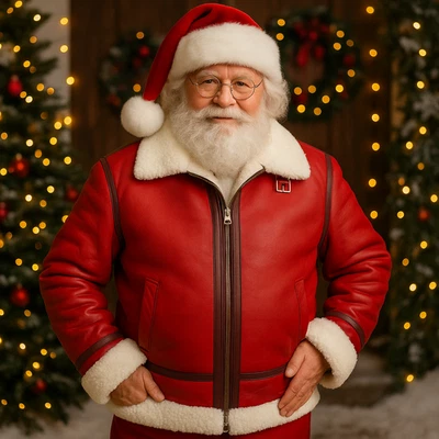 Women’s MEN Red Handcraft Genuine Leather Shearling Jacket Winter Coat Christmas - Image 1 of 4