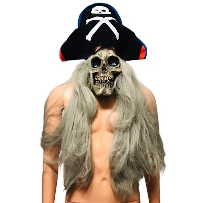Mario Chiodo Studios Pirate Skull Mask Hat Long Hippie Hair Crossbones Skeleton - Image 1 of 4