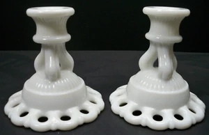 Vintage Pair 1960's Doric Lace Westmoreland Milk Glass 4" Candlesticks Ex Cond. - Picture 1 of 6