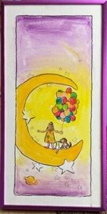 Balloons on the Moon by Bill Crowley original framed canvas on sicle Moon w/pets - Picture 1 of 1