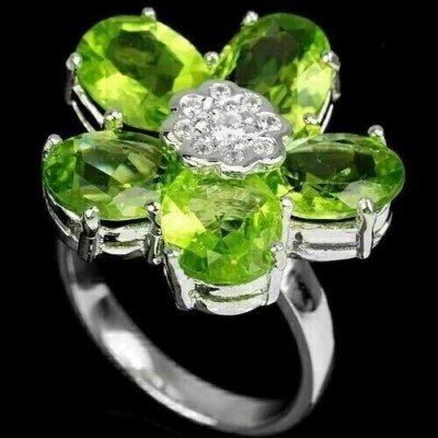 Silver Ring Green Peridot Genuine Natural Gems Solid Sterling Size N 1/2 US 7 - Image 1 of 4
