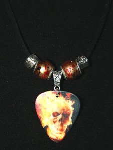 Guitar Pick Necklace : Thrash Band Skull Flames Black Suede Leather Rope 20" - Picture 1 of 3