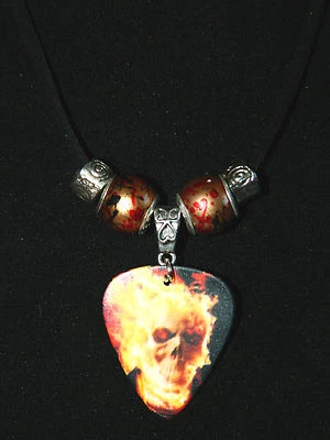 Guitar Pick Necklace : Thrash Band Skull Flames Black Suede Leather Rope 20" - Image 1 of 3