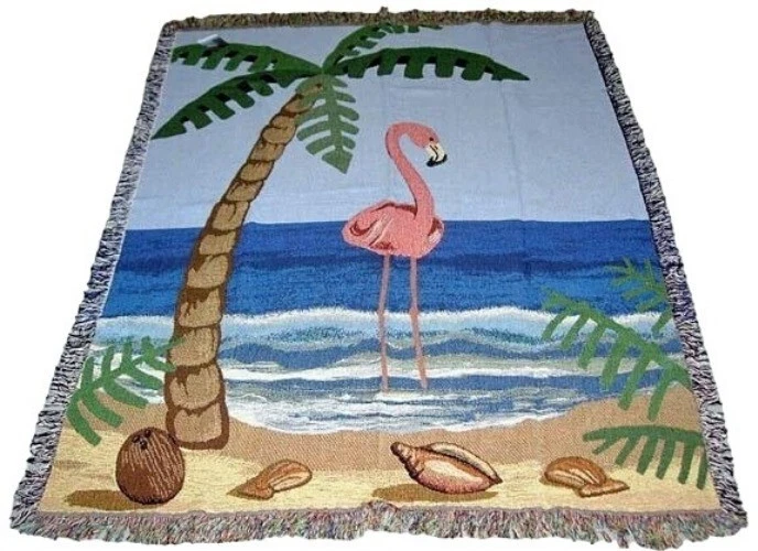 Розовый фламинго на песчаной пальме пляж гобелен афганский плед - Изображение 1 из 1