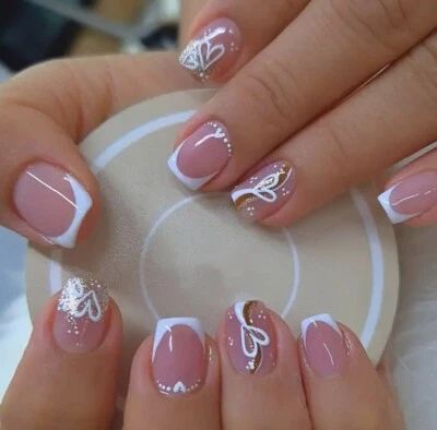 24pc Glitter & Heart White French Press On Push On Stick On Nails - Image 1 of 2