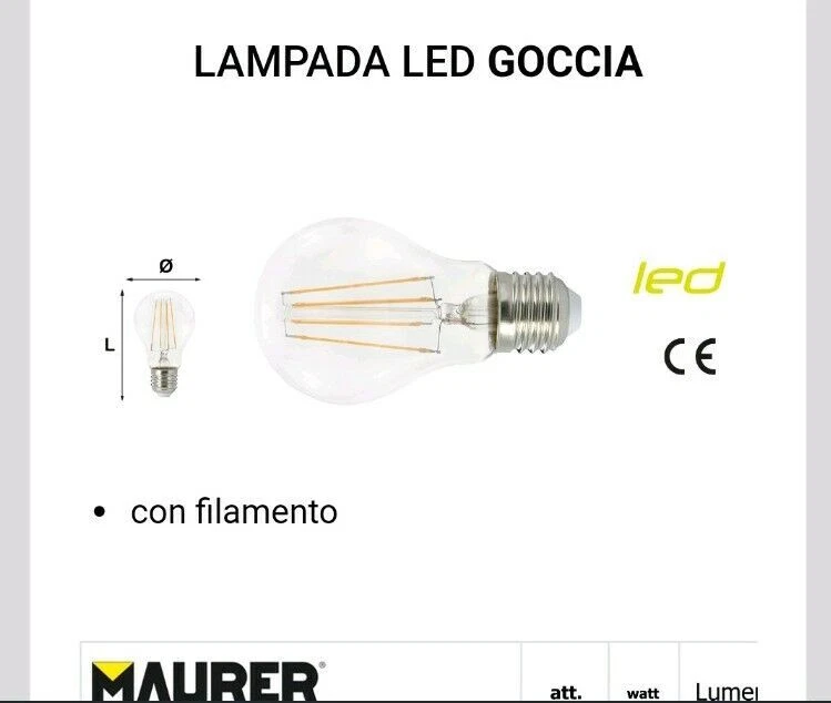 LAMPADINA LED FILAMENTO 7W A60 GOCCIA E27  VETRO TRASPARENTE maurer - Immagine 1 di 1