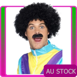Mens 80s 1980s Scouser Set Liverpool Black Curly Wig & Tash Moustache Costume - Picture 1 of 2