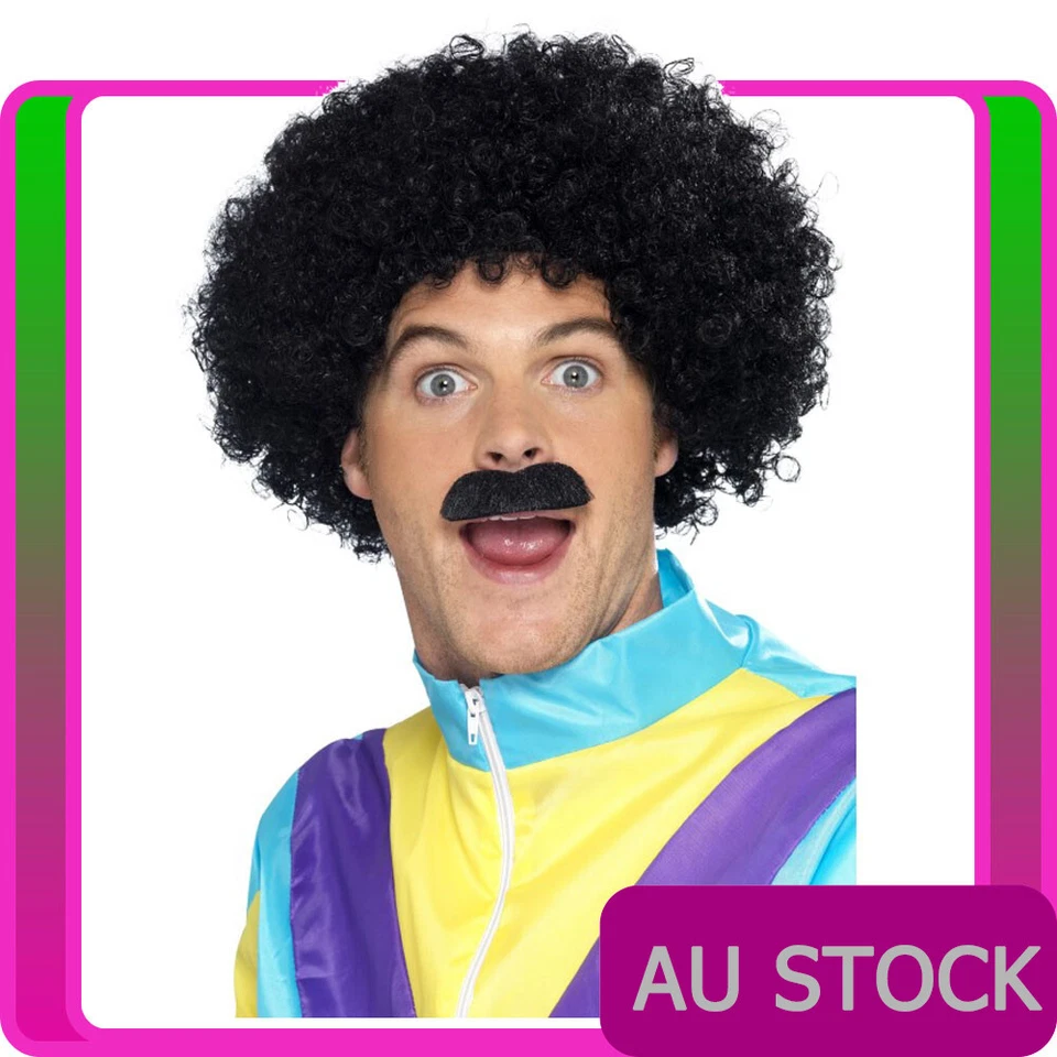 Мужской 80-х 1980-х скаузер комплект Liverpool черный кудрявый парик и Tash усы костюм - Изображение 1 из 2