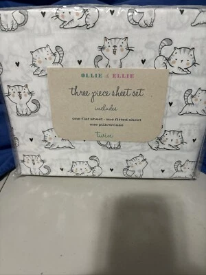 Ollie & Ellie Juego de 3 Sábanas Gemelas, Gatitos y Corazones, Blanco, Gris, Negro, Rosa Foto 1 de 4