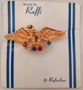 Jewels By Raffi Gold Tone Eagle Pin Brooch Rhinestone RedWhiteBlue USA Rafaolian - Picture 1 of 3